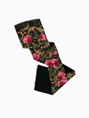 Vtg Black Floral Rose Silk Wool Scarf Baroque Oblong Fringe Whimsigoth Romantic